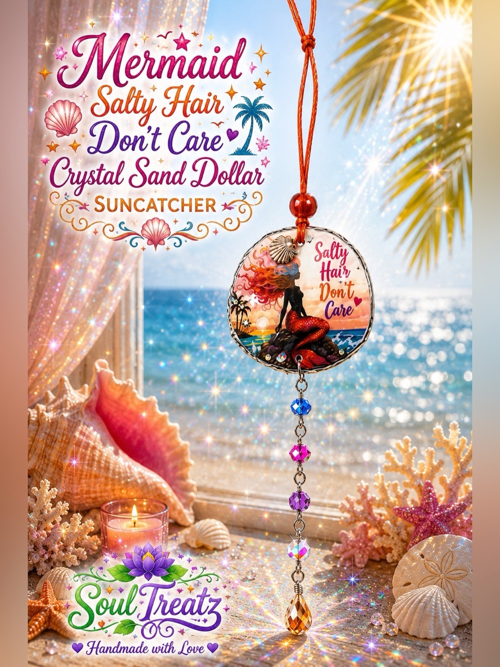 Decoupage Mermaid 'Salty Hair Don't Care' Crystal Sand Dollar Suncatcher